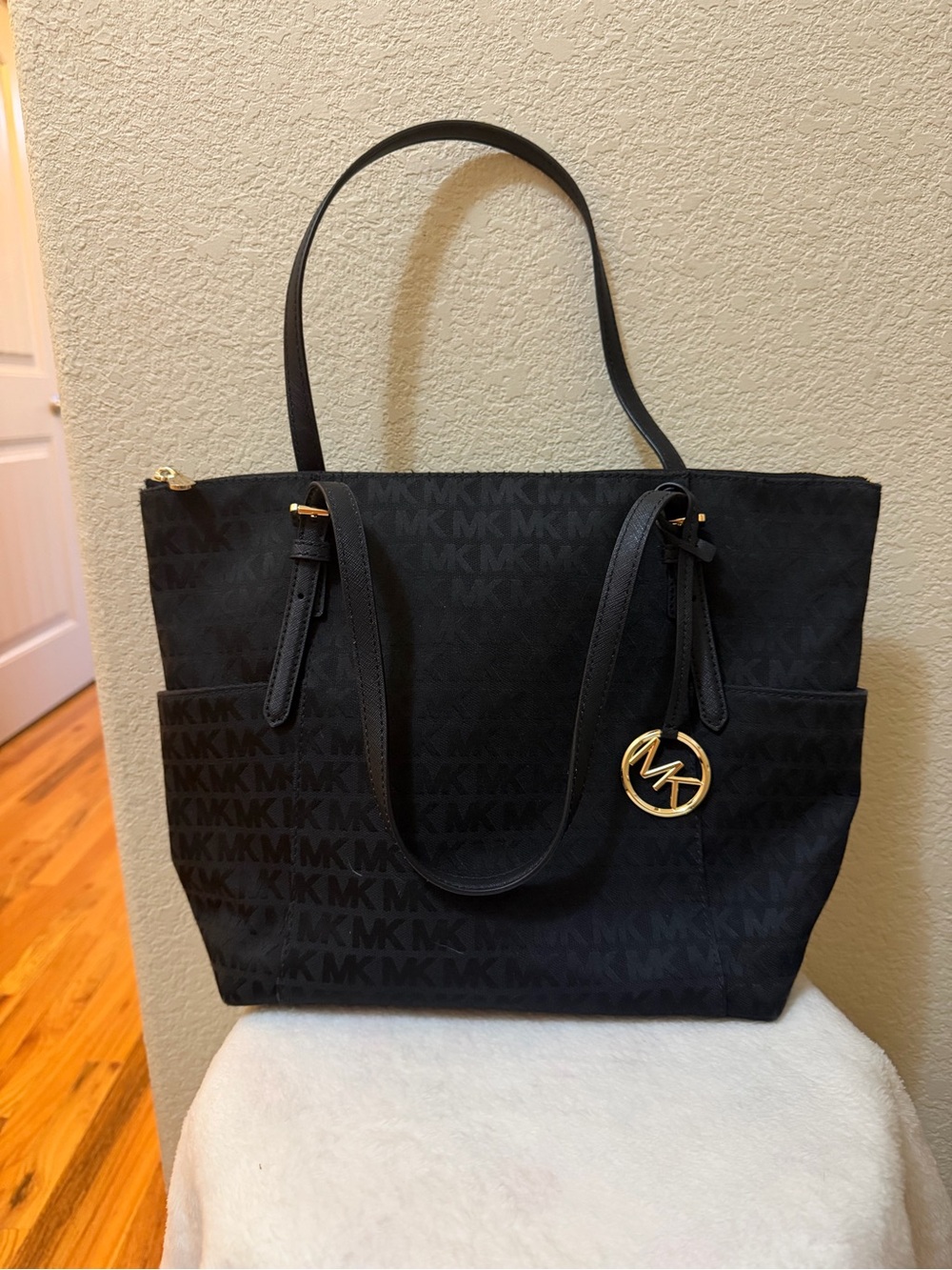 Michael Kors Black Signature Tote Bag with Gold Accent